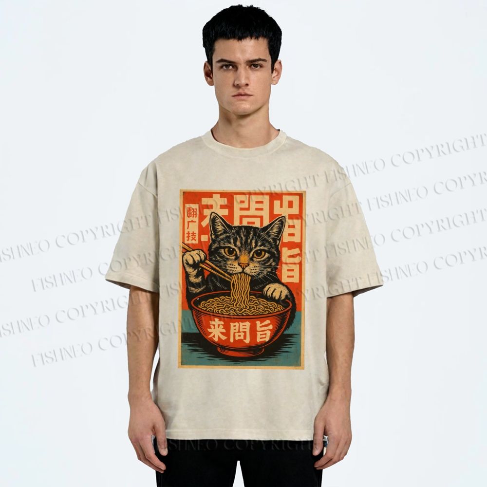 Unisex Vintage Ramen Cat Printed Washed Tee