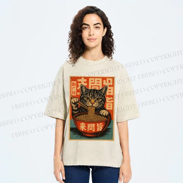 Unisex Vintage Ramen Cat Printed Washed Tee
