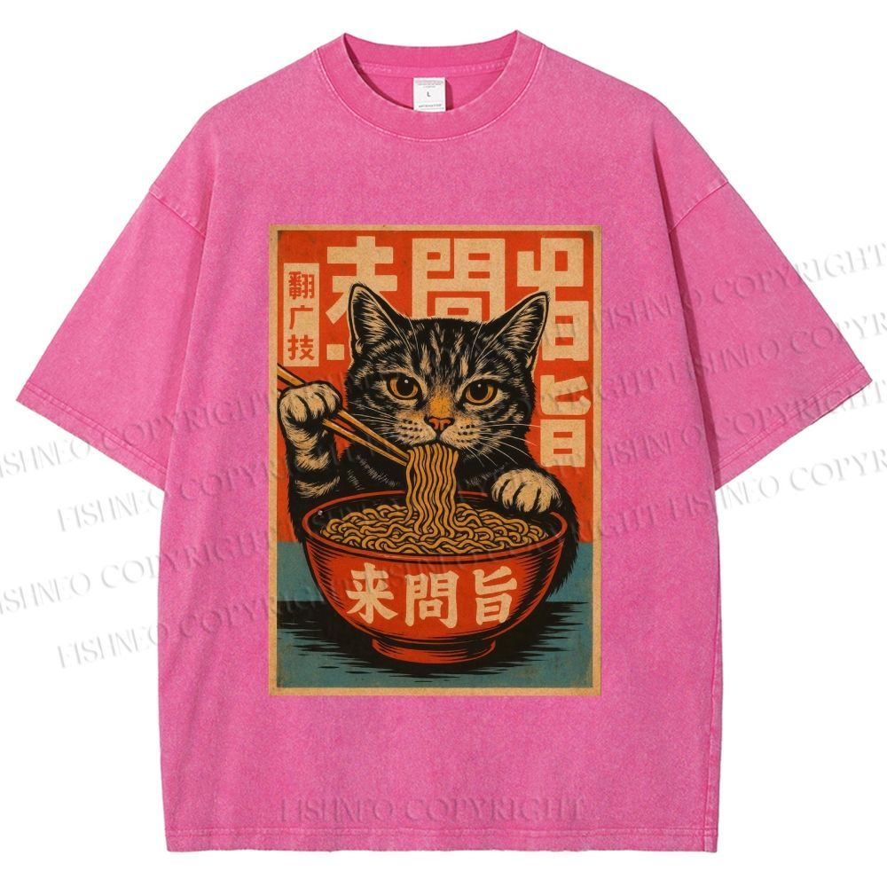 Unisex Vintage Ramen Cat Printed Washed Tee