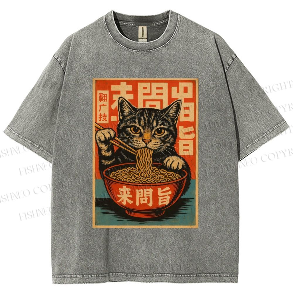 Unisex Vintage Ramen Cat Printed Washed Tee