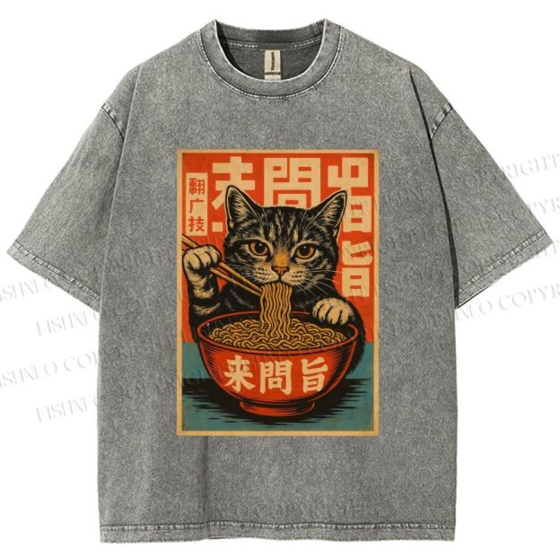 Unisex Vintage Ramen Cat Printed Washed Tee
