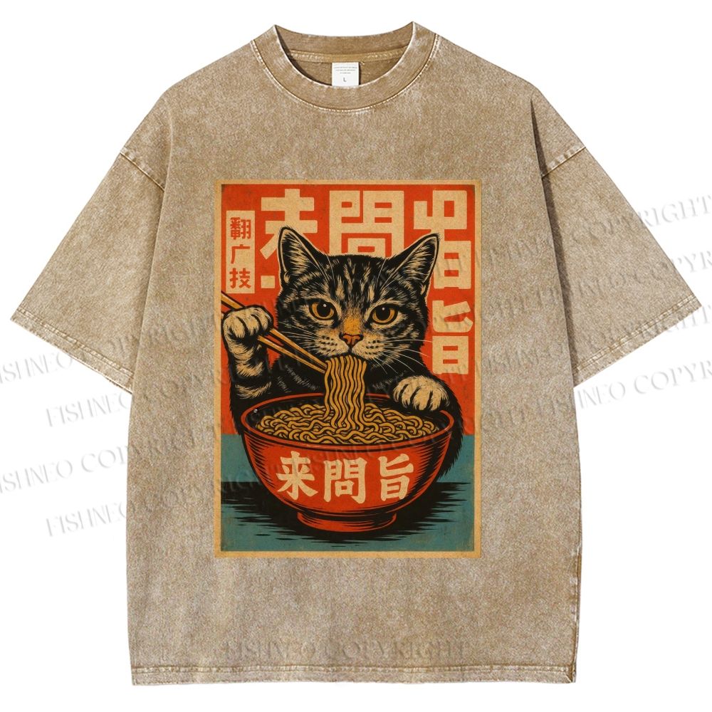 Unisex Vintage Ramen Cat Printed Washed Tee