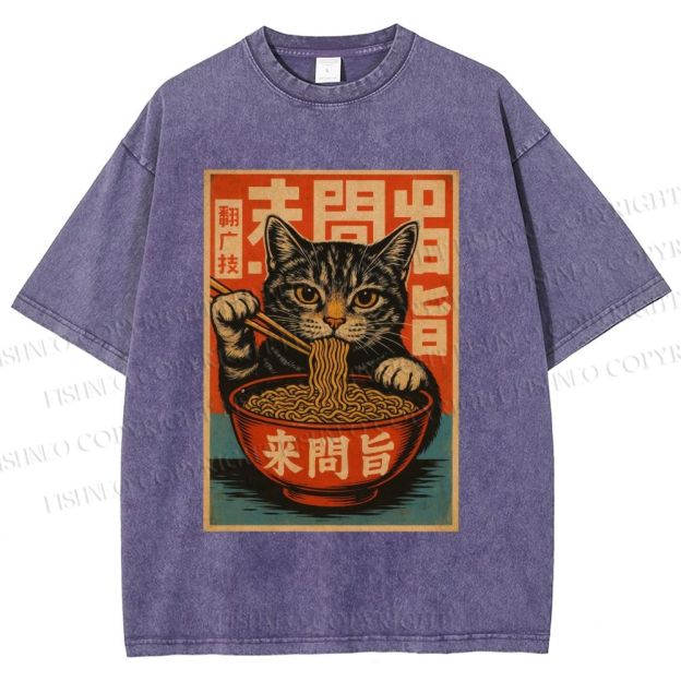 Unisex Vintage Ramen Cat Printed Washed Tee