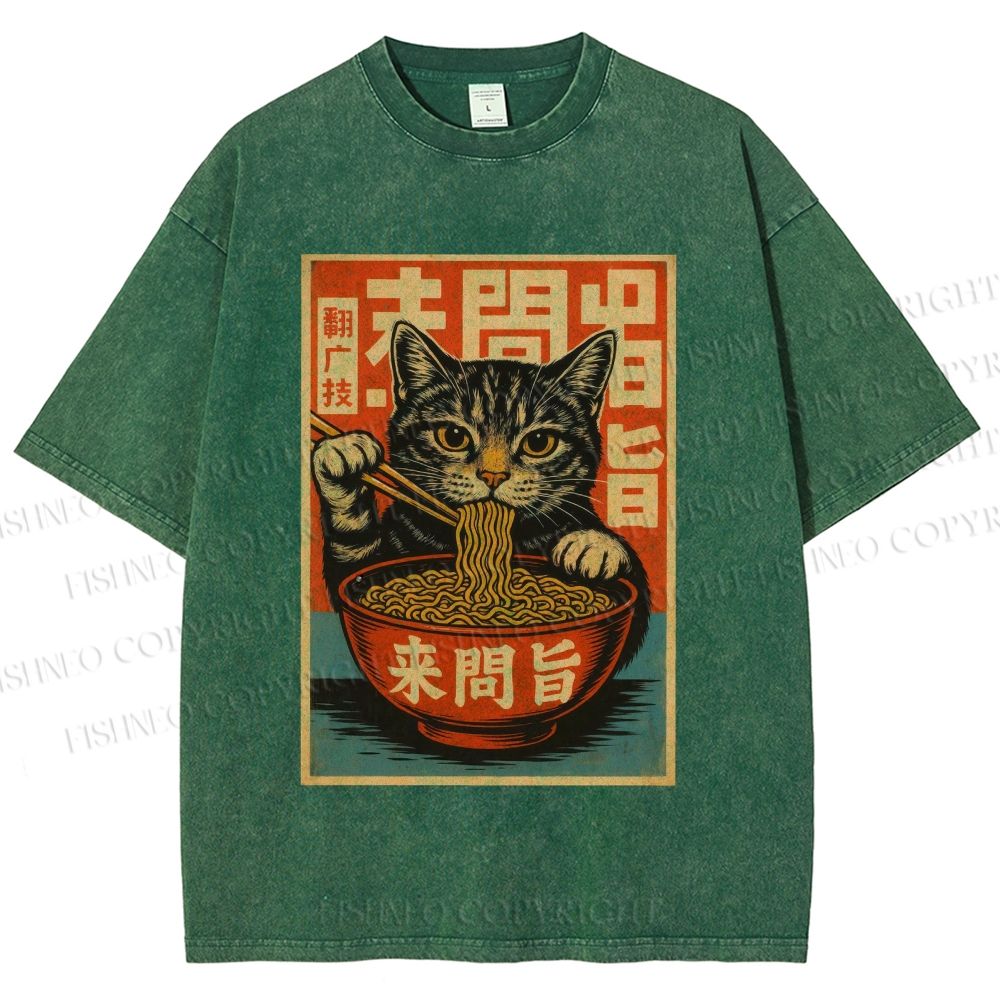 Unisex Vintage Ramen Cat Printed Washed Tee