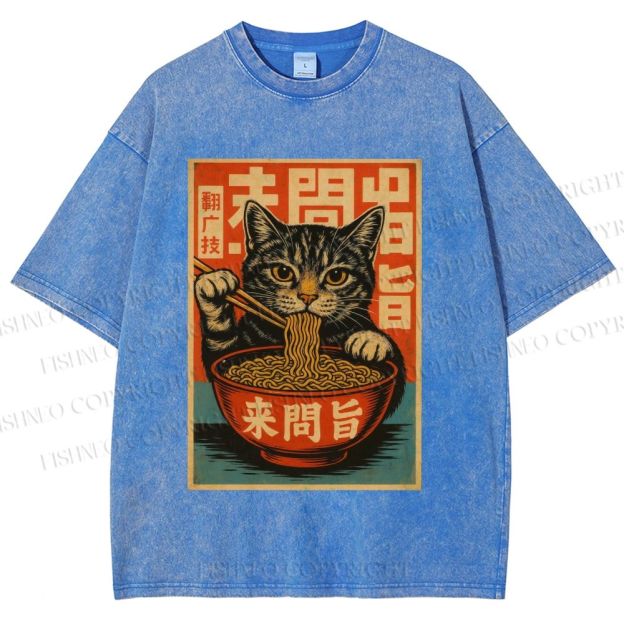 Unisex Vintage Ramen Cat Printed Washed Tee