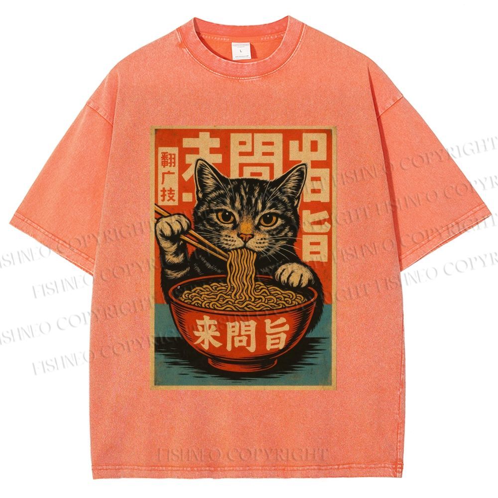 Unisex Vintage Ramen Cat Printed Washed Tee