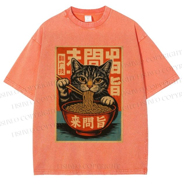 Unisex Vintage Ramen Cat Printed Washed Tee