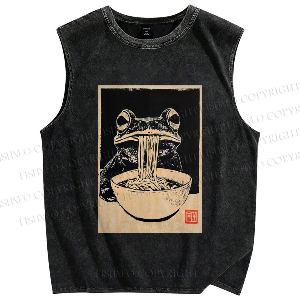 Unisex Vintage Frog Eating Ramen Printed Washed Tank Top