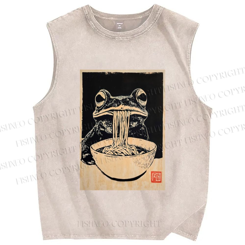 Unisex Vintage Frog Eating Ramen Printed Washed Tank Top