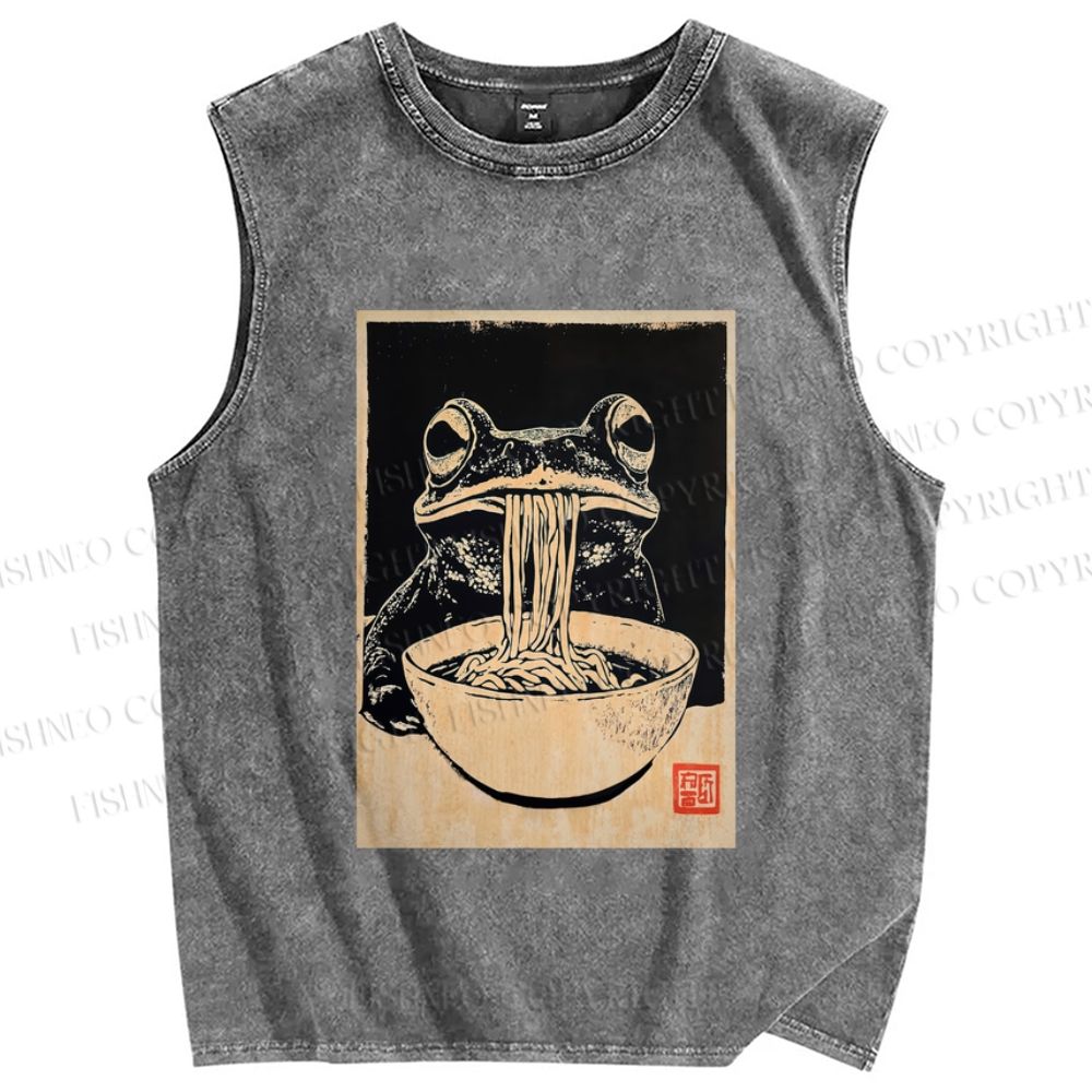 Unisex Vintage Frog Eating Ramen Printed Washed Tank Top