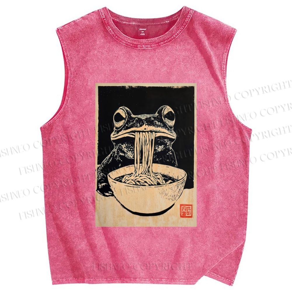Unisex Vintage Frog Eating Ramen Printed Washed Tank Top