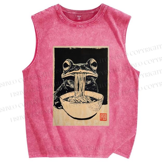 Unisex Vintage Frog Eating Ramen Printed Washed Tank Top