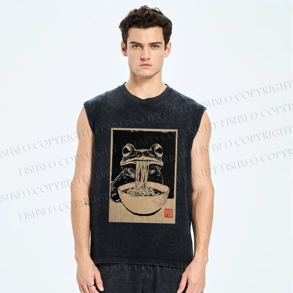 Unisex Vintage Frog Eating Ramen Printed Washed Tank Top