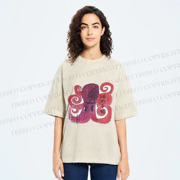 Unisex Japanese Octopus Printed Washed Tee