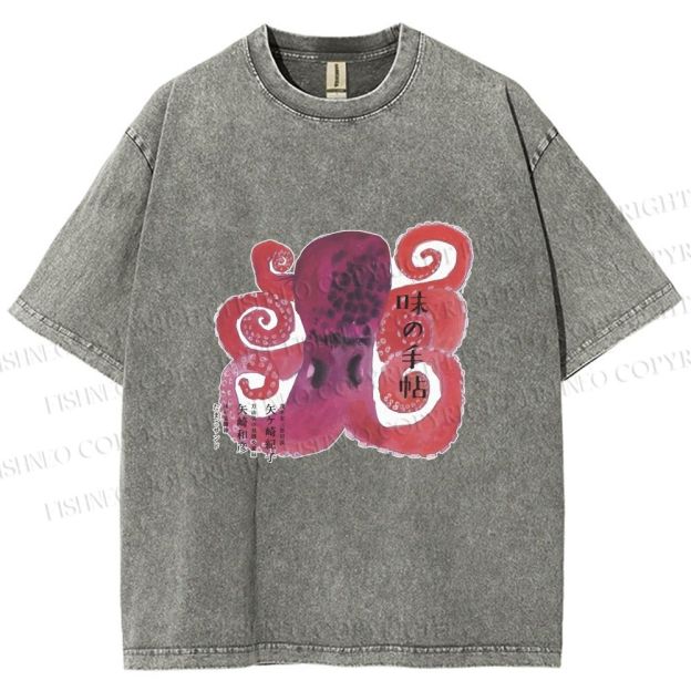 Unisex Japanese Octopus Printed Washed Tee