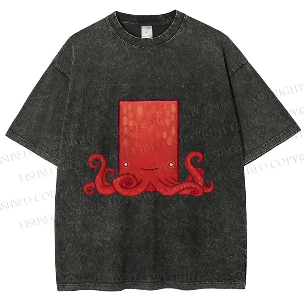 Unisex Funny Square Octopus Printed Washed Tee