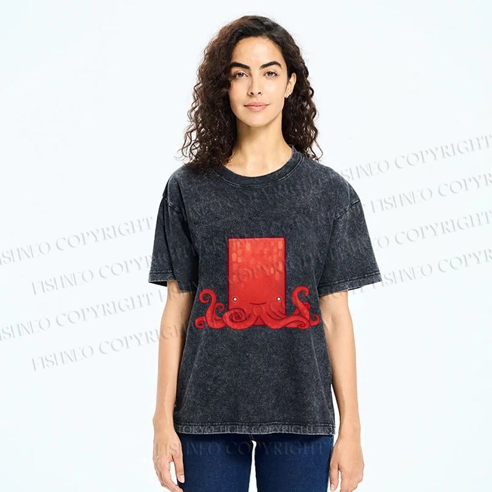 Unisex Funny Square Octopus Printed Washed Tee