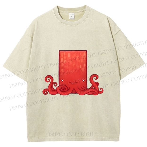 Unisex Funny Square Octopus Printed Washed Tee