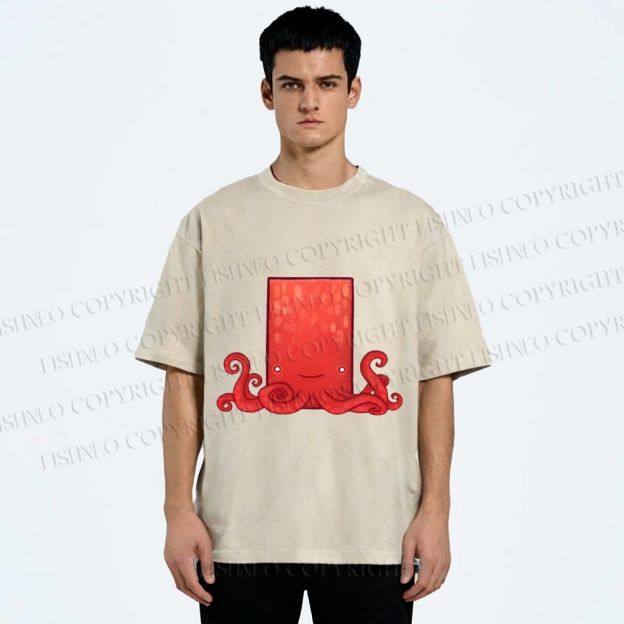 Unisex Funny Square Octopus Printed Washed Tee