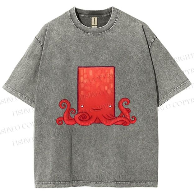 Unisex Funny Square Octopus Printed Washed Tee