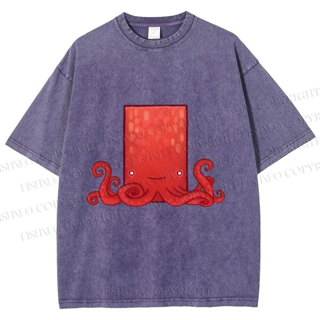 Unisex Funny Square Octopus Printed Washed Tee