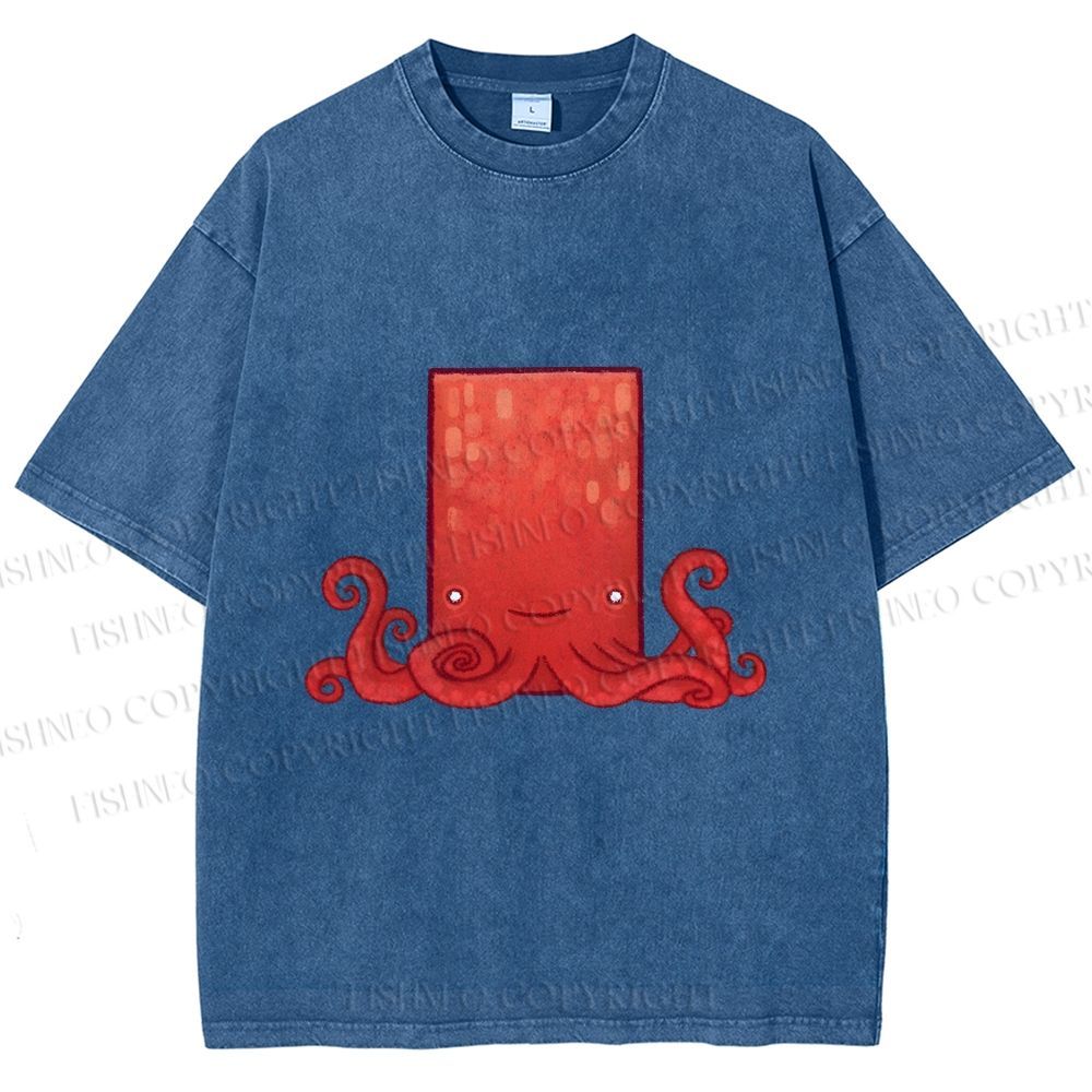 Unisex Funny Square Octopus Printed Washed Tee