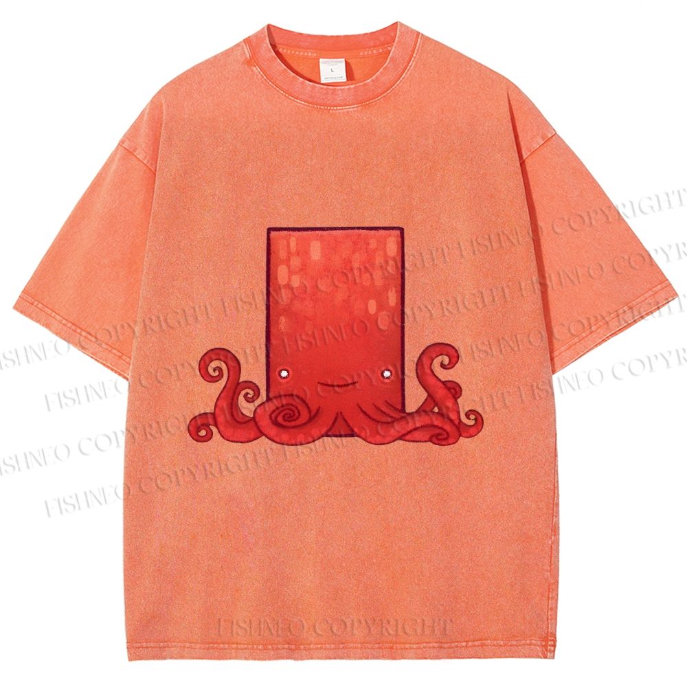 Unisex Funny Square Octopus Printed Washed Tee