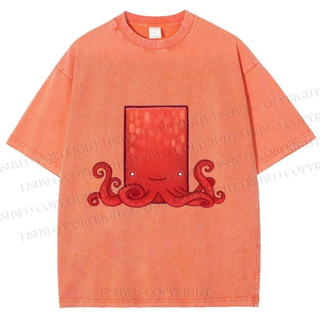 Unisex Funny Square Octopus Printed Washed Tee