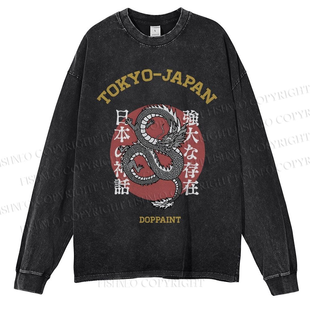 Unisex Casual Washed Tokyo Japan Dragon Printed Long Sleeve T-shirt