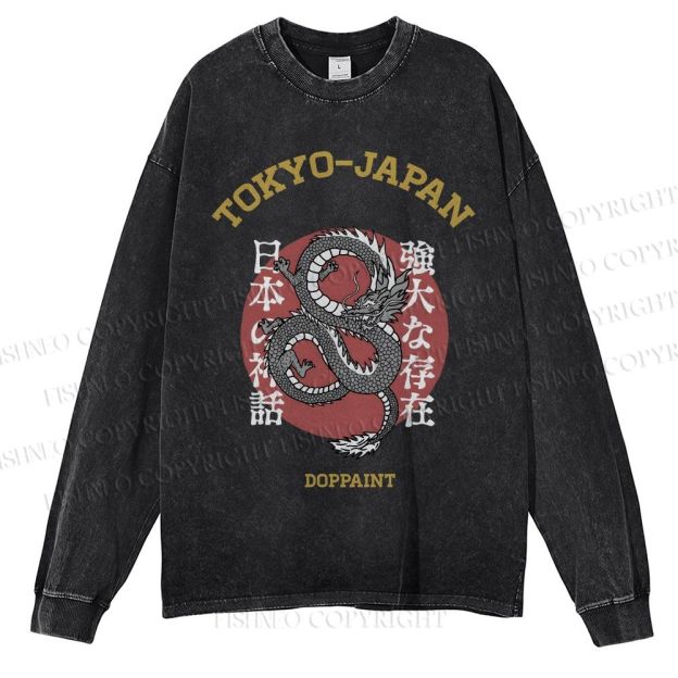 Unisex Casual Washed Tokyo Japan Dragon Printed Long Sleeve T-shirt