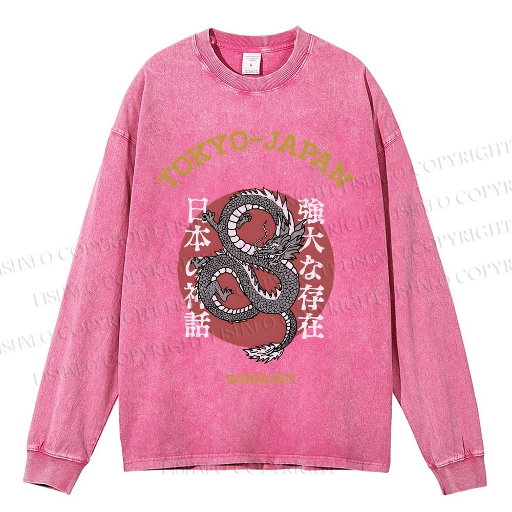 Unisex Casual Washed Tokyo Japan Dragon Printed Long Sleeve T-shirt