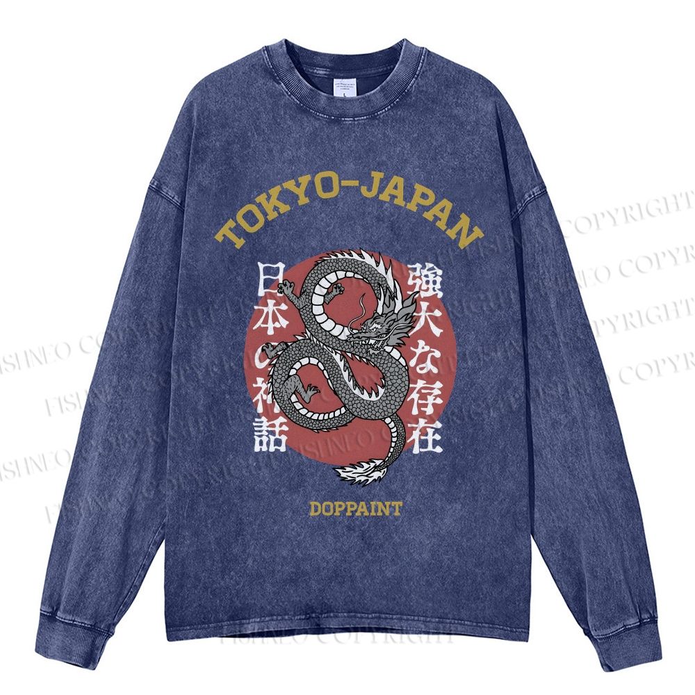 Unisex Casual Washed Tokyo Japan Dragon Printed Long Sleeve T-shirt