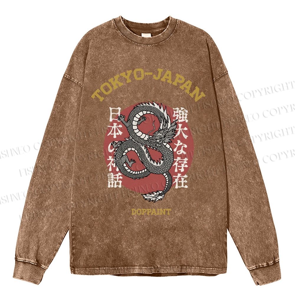 Unisex Casual Washed Tokyo Japan Dragon Printed Long Sleeve T-shirt
