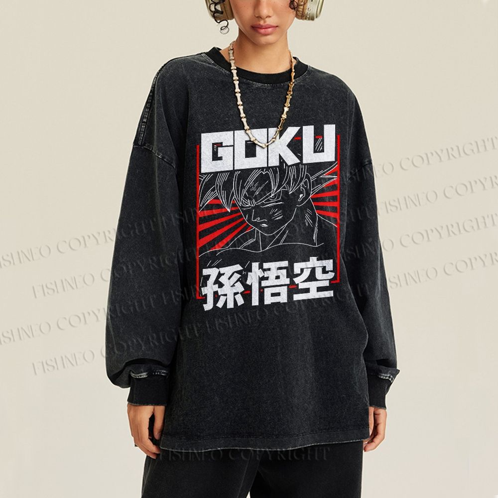 Unisex Casual Washed Goku Printed Long Sleeve T-shirt