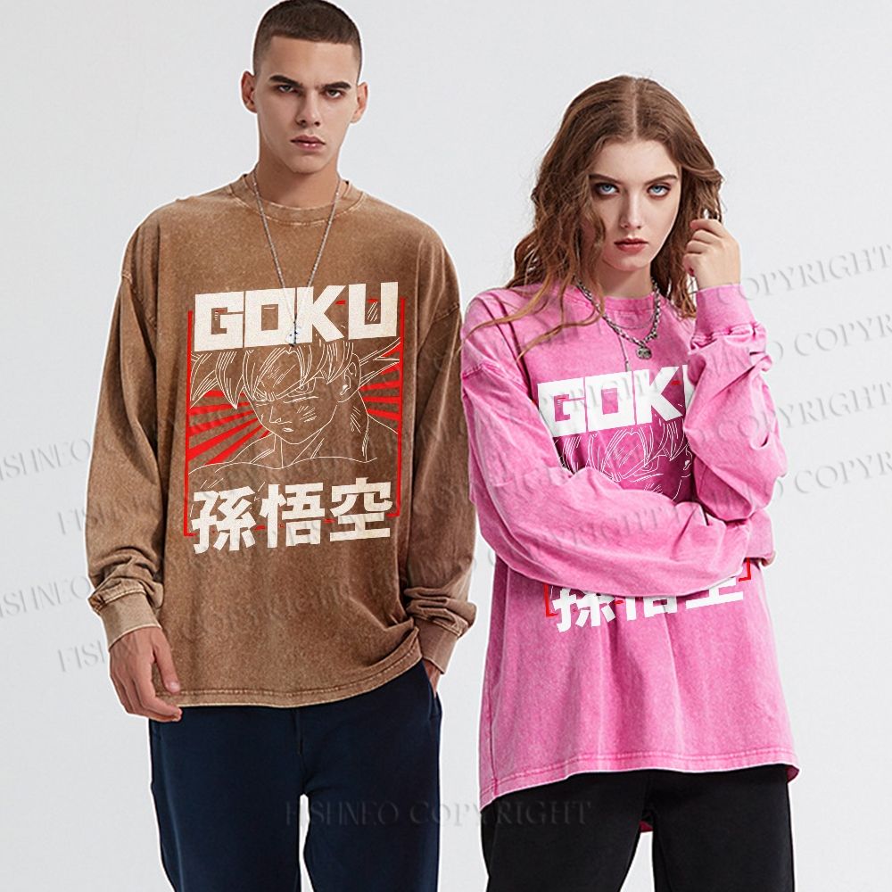 Unisex Casual Washed Goku Printed Long Sleeve T-shirt