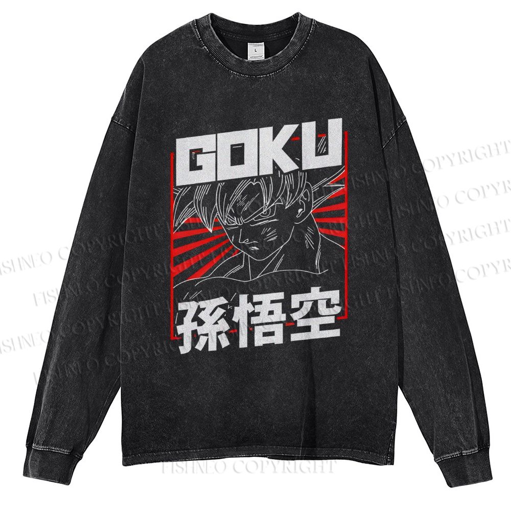Unisex Casual Washed Goku Printed Long Sleeve T-shirt