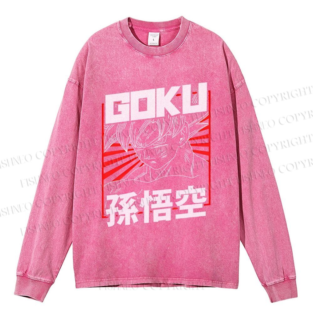 Unisex Casual Washed Goku Printed Long Sleeve T-shirt