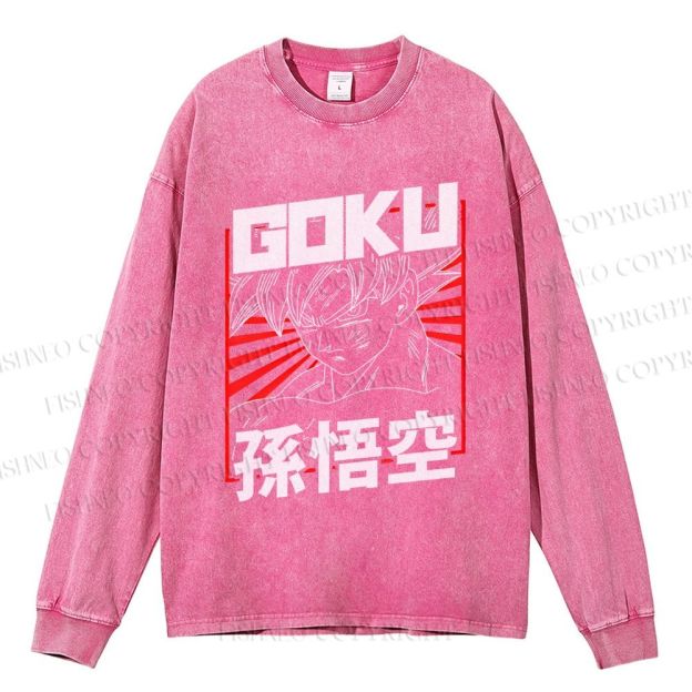 Unisex Casual Washed Goku Printed Long Sleeve T-shirt