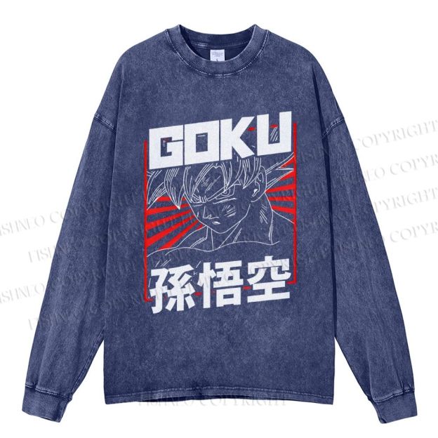 Unisex Casual Washed Goku Printed Long Sleeve T-shirt