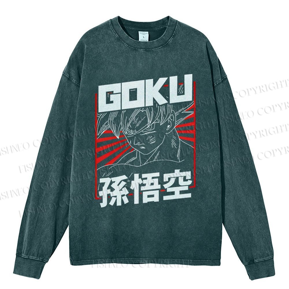 Unisex Casual Washed Goku Printed Long Sleeve T-shirt