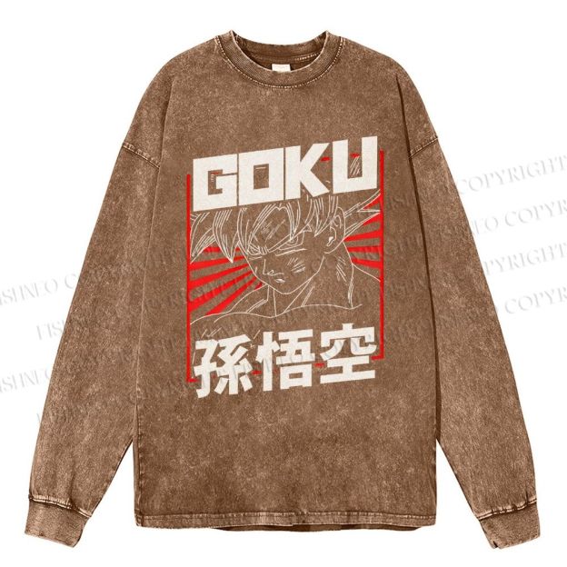 Unisex Casual Washed Goku Printed Long Sleeve T-shirt