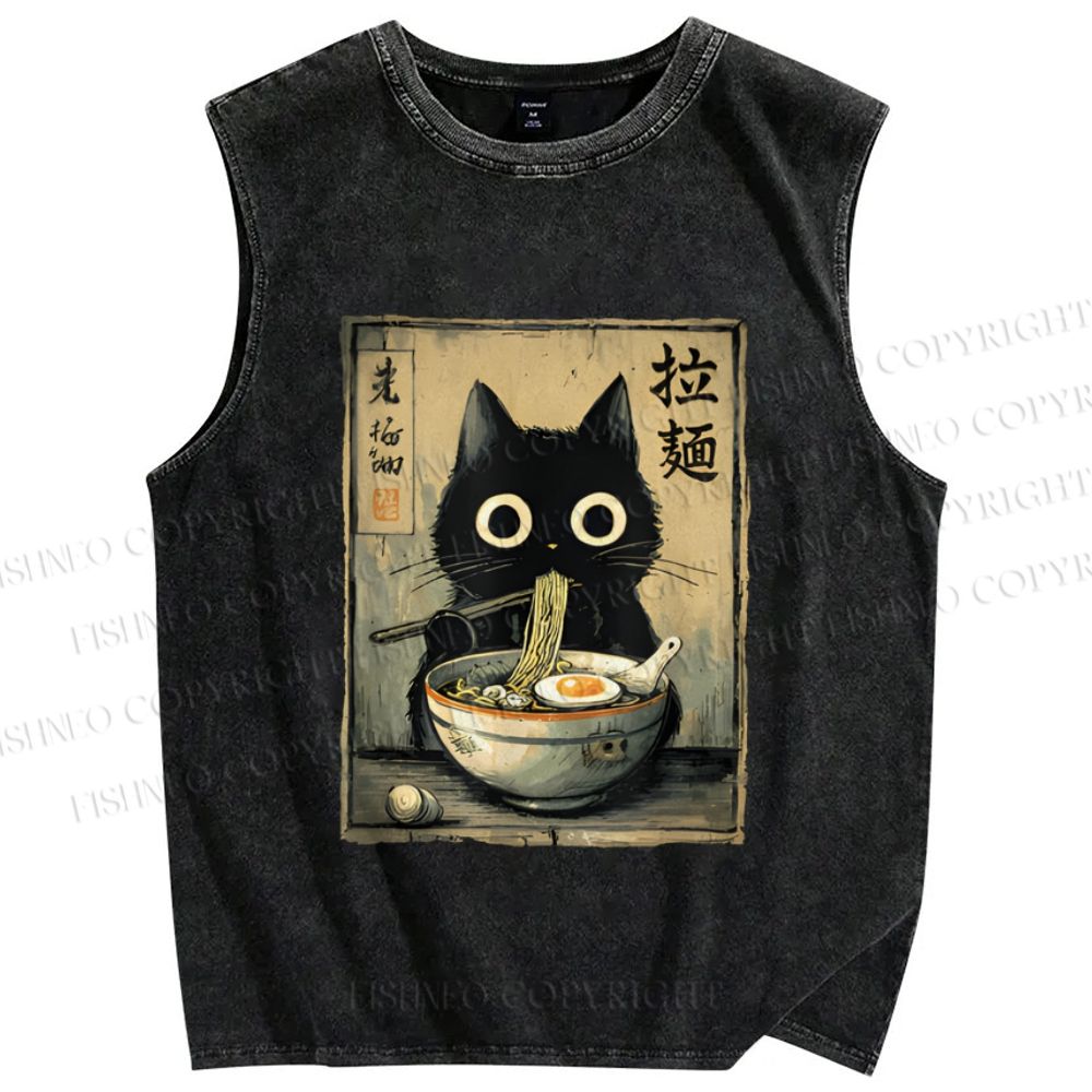Unisex Cat Eating Ramen Printed Washed Tank Top