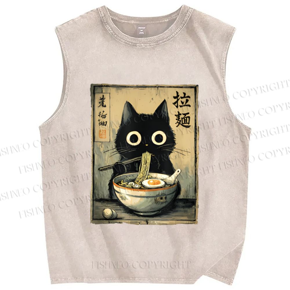 Unisex Cat Eating Ramen Printed Washed Tank Top