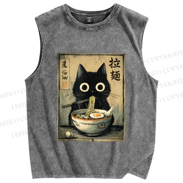 Unisex Cat Eating Ramen Printed Washed Tank Top