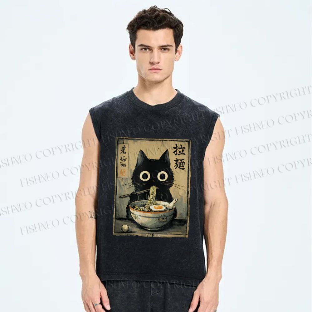 Unisex Cat Eating Ramen Printed Washed Tank Top