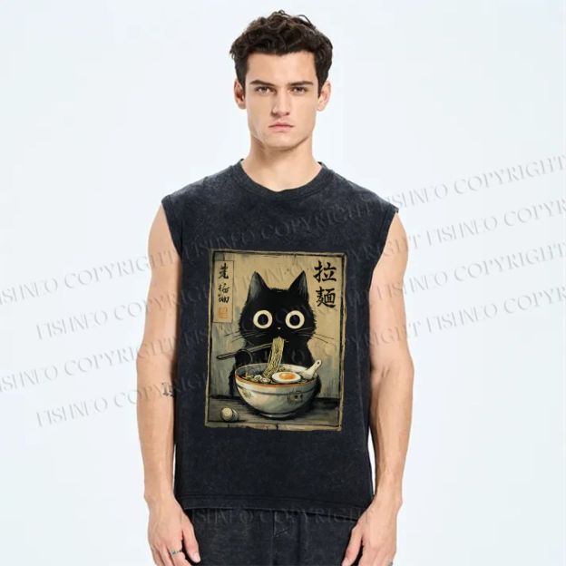 Unisex Cat Eating Ramen Printed Washed Tank Top