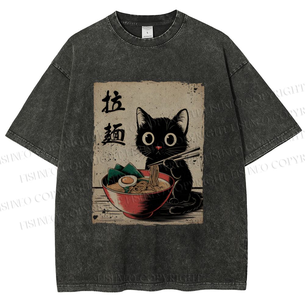 Unisex Adorable Black Cat Enjoying Ramen Printed Washed Tee