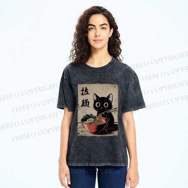 Unisex Adorable Black Cat Enjoying Ramen Printed Washed Tee