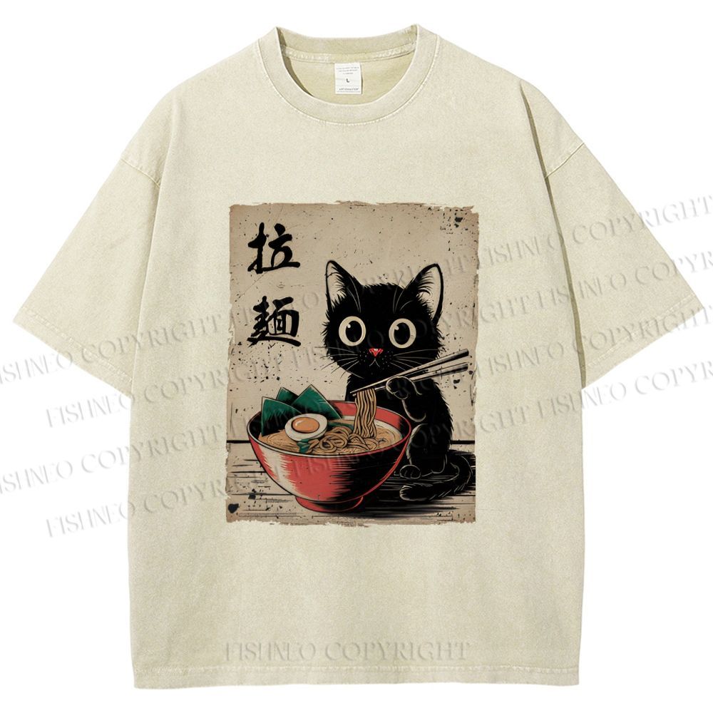 Unisex Adorable Black Cat Enjoying Ramen Printed Washed Tee
