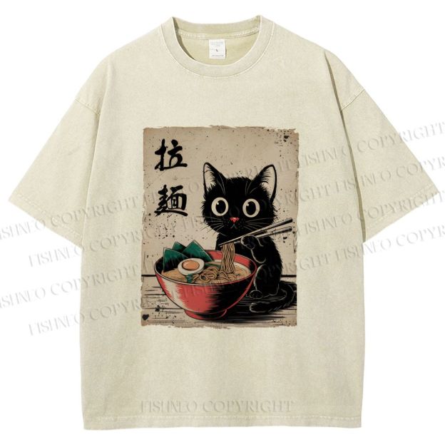 Unisex Adorable Black Cat Enjoying Ramen Printed Washed Tee